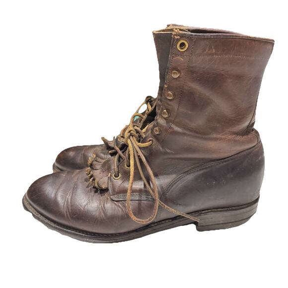 JUSTIN Brown Leather Lace Up Cowboy Boots Mens Size 9.5 B Roper 575 USA - Picture 2 of 10